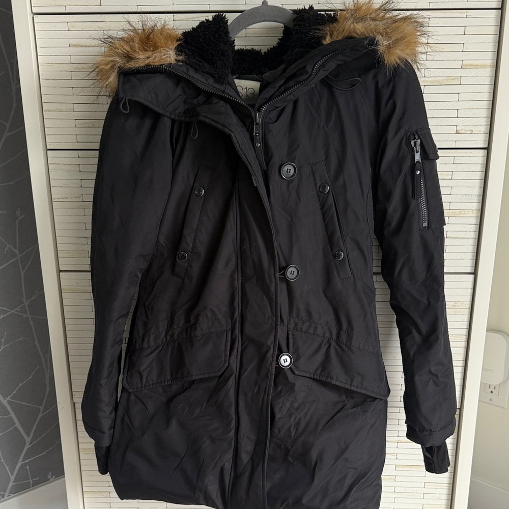 Women's Black Puffer Coat with Faux Fur Hood